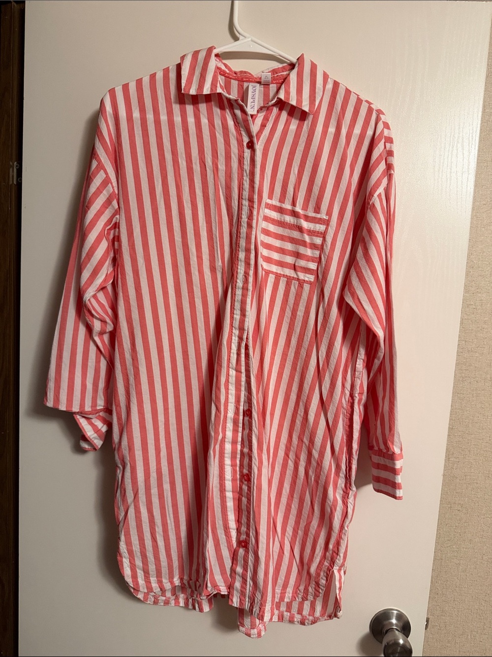 Striped Cotton Sleep Shirt - Pink & White